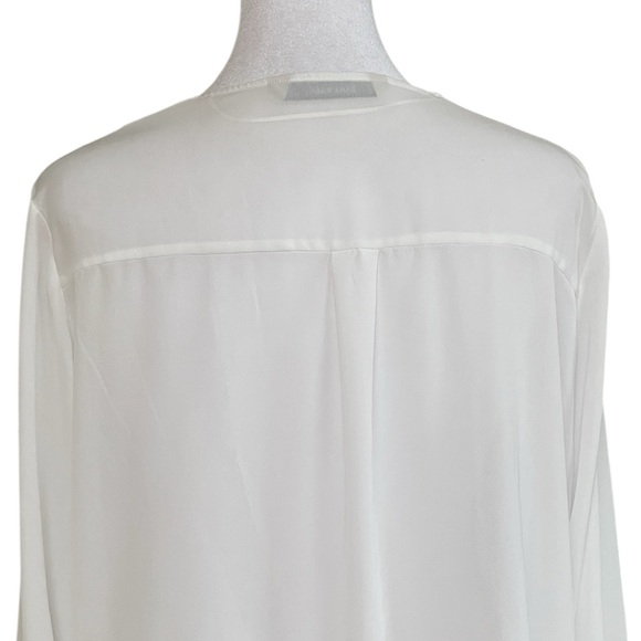 Zara Basic White Semi-Sheer Blouse Sz L Black Detail Ruffles Long Sleeves V Neck - Picture 7 of 12